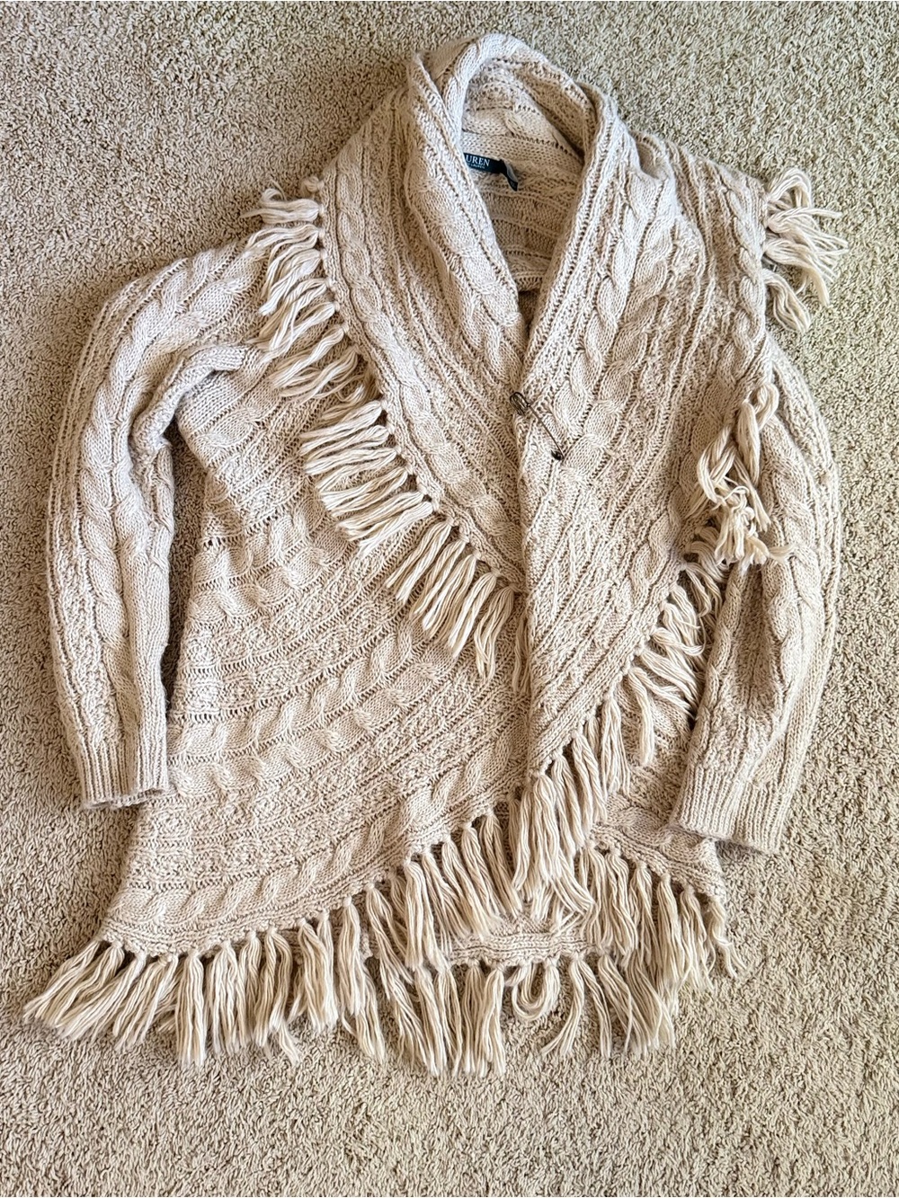 Lauren Ralph Lauren Cream Cable Knit Fringe Open-Front Cardigan